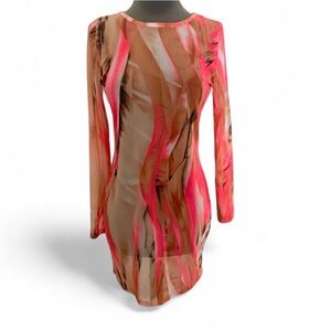 DOLLS KILL ONE BY ONE PINK BROWN TIE DYE LONG SLEEVE SHEER BODYCON DRESS LARGE
